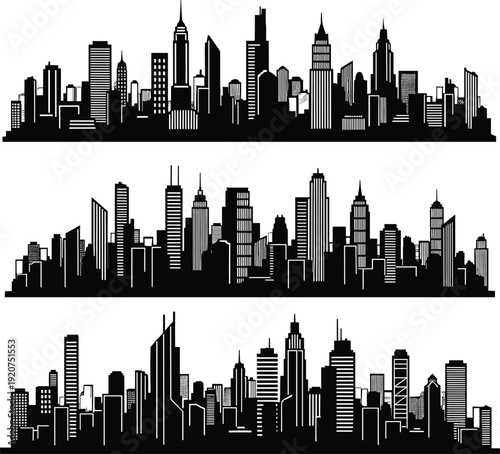 Three black and white city skyline with various skyscrapers and buildings urban