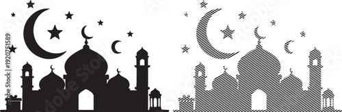 Black and gray mosque silhouette with crescent moon and stars on silhouette vector art