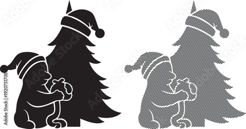 Black and grey illustrations of dogs wearing santa hats with christmas trees