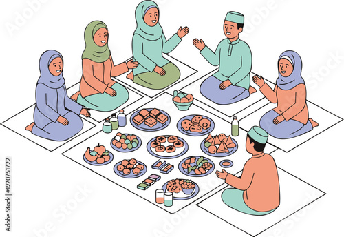 Muslim family enjoying traditional iftar meal together on colorful rugs