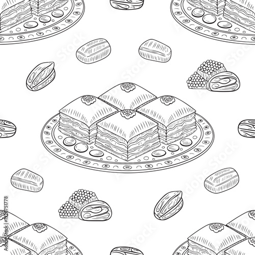Delicious layered cake and desserts pattern illustration