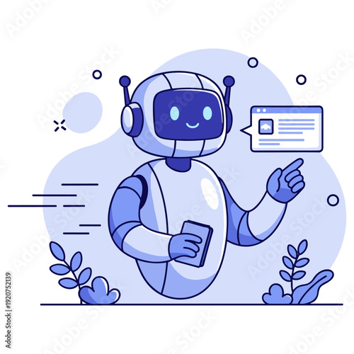 Cute cartoon robot smiling and communicating with speech bubble in futuristic blue design