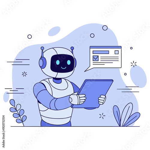 Smiling robot reading tablet in futuristic blue vector illustration