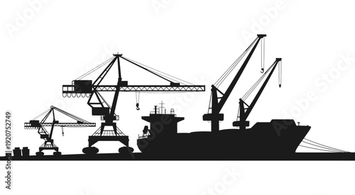A striking silhouette of a massive cargo ship and towering harbor cranes at an industrial port, illustrating global maritime logistics, international shipping, and commercial transport.