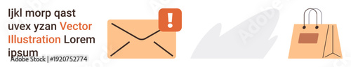 Email notifications, messaging, shopping, online alerts, communication management, e-commerce. Envelope with alert icon and shopping bag. Email notifications and e-commerce ideas