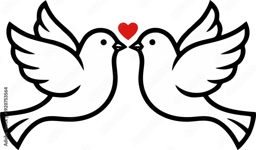 Fototapeta premium Love Doves Couple with Red Heart — Minimalist Line Art Vector Icon on White Background