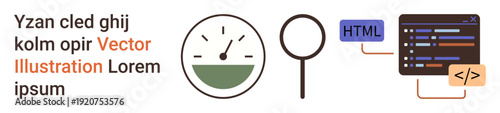 Data analysis, technology, web development, performance tracking, coding, digital monitoring. Illustrated icons of a speedometer, magnifying glass and HTML code. Data analysis and web development