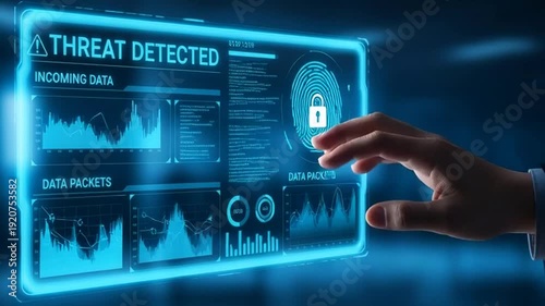 Cyber threat detection system interface displayed on a futuristic digital screen being interacted with by a person's finger.