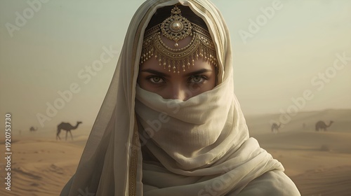 Middle Eastern woman in desert with camels