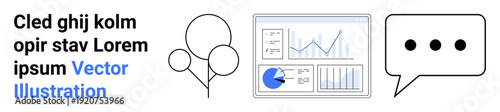 Data dashboard with charts, three speech dots in a chat bubble, and balloon icons symbolizing celebration or progress. Ideal for communication, teamwork, goal achievement, analytics insights, growth