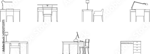 Collection of professional desk elevation icons, featuring computer workstations, study tables, and office desk arrangements.