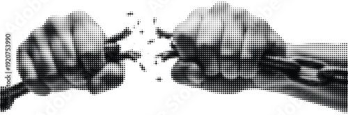 Fist Breaking Chain Halftone Vector Illustration for Power and Freedom Concept in Black and White