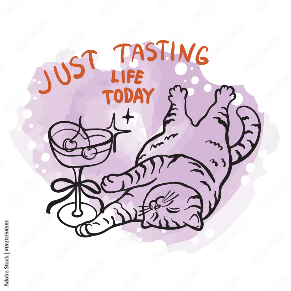 Fototapeta premium Funny vector illustration of a cute tabby cat lying on its back next to a cocktail glass with cherries. Featuring the quote 