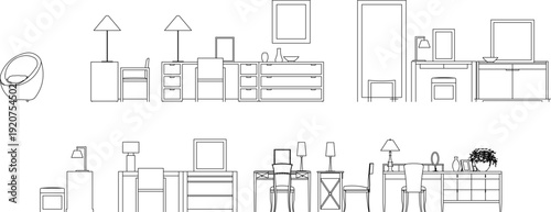 Interior furniture collection featuring bedroom vanities, dressing tables, and desk lamps in detailed front view elevation.