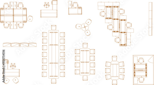 Professional office layout collection featuring large team desks, modular workstations, and executive office floor plans.
