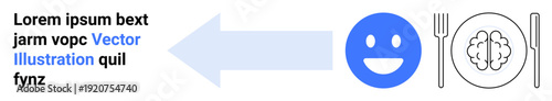 Mental health, cognitive wellness, food for thought, psychological eating patterns, mind diet, brain health. Blue face, arrow pointing to a plate with a brain design. Mental health and cognitive
