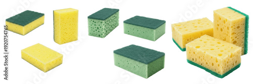 Valokuva Set and collection of yellow and green kitchen scouring sponges for dishwashing