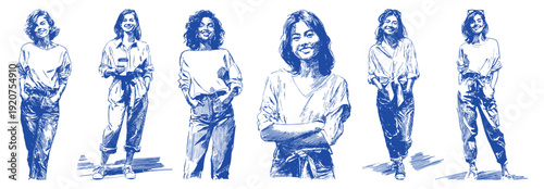 Smiling casual young women lifestyle fashion poses. Modern female characters in relaxed outfits standing confidently. Pencil sketch style. Background for fashion blogs and branding.