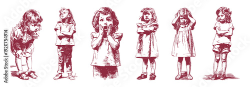 Cute little girls emotional expressions children poses illustration set. Collection of girls showing sad, angry, surprised moods. Pencil hand drawn sketch drawing style.