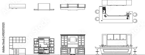 Collection of furniture icons featuring storage cabinets, bookshelves, and bar counter units in front and top view layouts