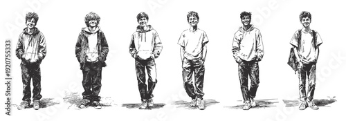 Teenage boys school students walking casual poses. Modern youth people wearing hoodie and streetwear clothing. Classic pencil sketch style hand drawn illustration, background for education branding.