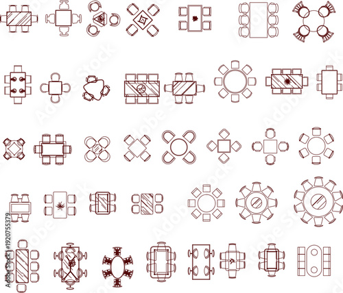 Mega collection of dining and meeting table floor plan icons, featuring various shapes and seating capacities for interior design