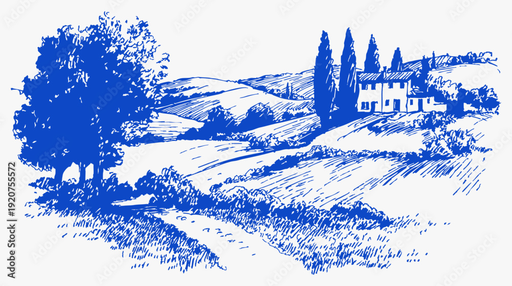 Fototapeta premium Countryside hills farmhouse cypress trees sketch. Hand drawn rural villa with fields and winding path. Vintage blue landscape illustration for travel and nature graphics.