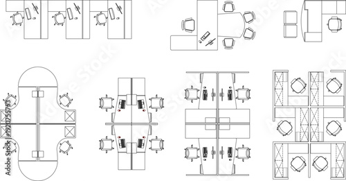 Comprehensive office floor plan collection featuring modular workstations, team cubicles, and executive desk configurations.