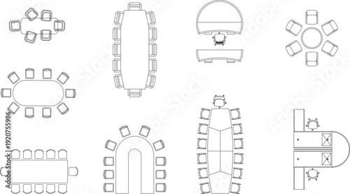 Professional conference and office table floor plans, featuring various seating arrangements for collaborative workspaces.