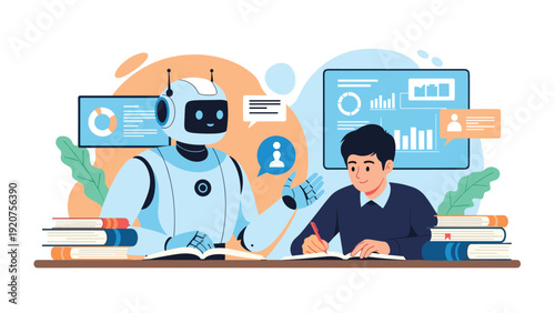 Intelligent humanoid robot assists a young male student with his studies using advanced digital data and analytical charts.