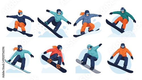 Collection of diverse snowboarders in colorful winter gear perform various jumps and tricks against a snowy background.