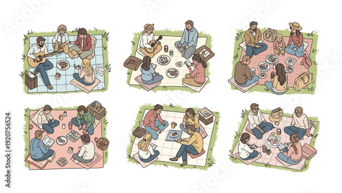 Various groups of friends and families enjoy relaxing outdoor picnics on blankets with food, drinks, and music in the grass.