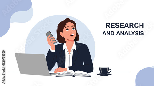 Professional businesswoman conducts research and analysis at her desk using a laptop, smartphone, and reference books.