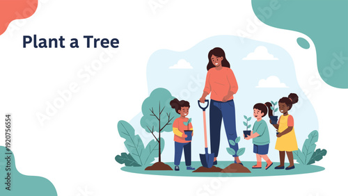 Encouraging teacher and a diverse group of young students work together to plant trees and learn about environmental care.