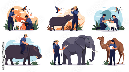 Dedicated animal caretakers and zoo professionals work with a variety of animals including elephants, hippos, and camels.