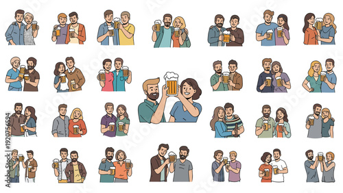 Large collection of diverse friends and couples happily toasting with glass beer mugs to celebrate special occasions together.