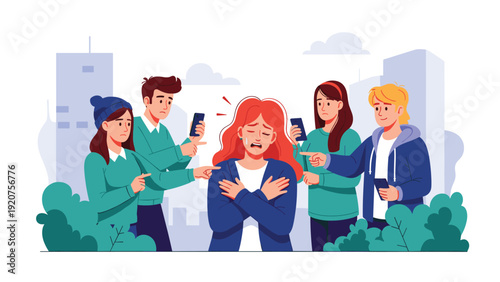 Young woman feeling distressed and harassed as a group of people points at her and records with their mobile smartphones.