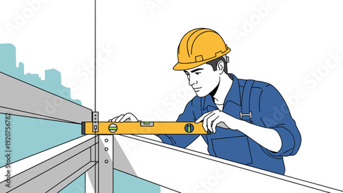 Professional construction worker wearing a yellow hard hat and blue overalls using a spirit level tool on a steel beam.