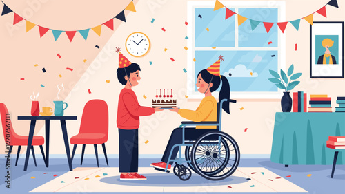 Young boy presenting a birthday cake with candles to a happy girl in a wheelchair during a festive party with decorations.
