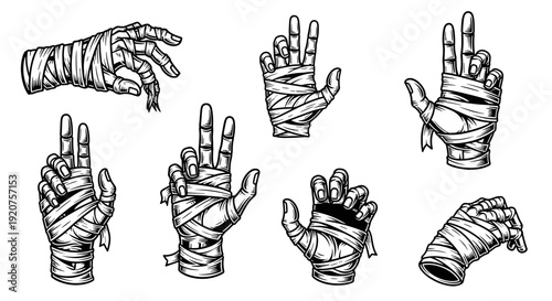 Set of various mummy hands in different gestures, ancient Egyptian horror.