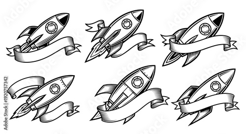 Set of six vintage rocket ship illustrations with blank ribbons for custom text, perfect for retro designs.