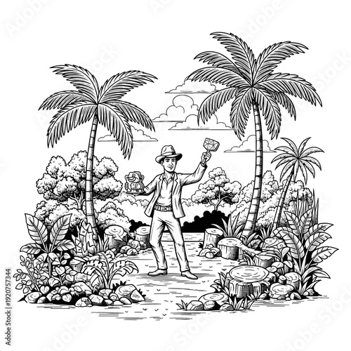 Man in a hat holding two objects in a jungle setting.