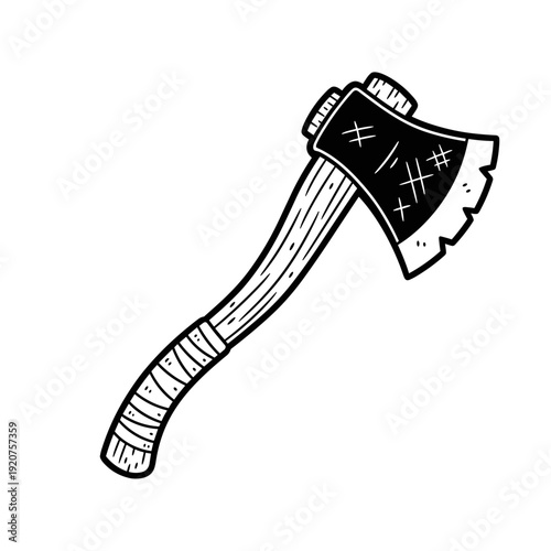 Hand-drawn illustration of a rustic axe with a textured handle.