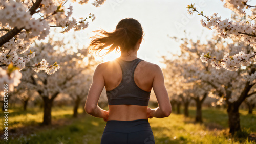 Back view of a person in athletic wear standing in a blooming cherry orchard