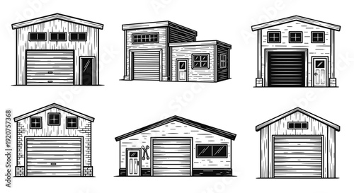 Collection of hand drawn vintage style storage buildings and garages.