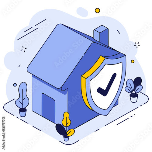 Blue house with shield icon and checkmark symbolizing security and protection