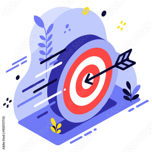 Illustration of an arrow hitting a bullseye on a target with artistic leaves and abstract elements