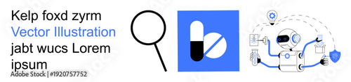 Healthcare technology, digital innovation, AI-powered medicine, drug discovery, pharmaceutical advancements, research tools. Robotic concept, pills magnifying glass icons. AI-powered medicine