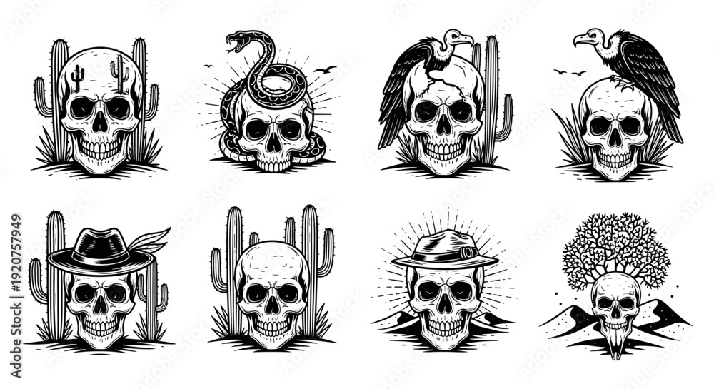 Fototapeta premium Set of eight detailed skull illustrations with desert and western themes.