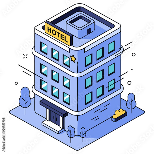 Modern isometric hotel building with blue facade and surrounding trees